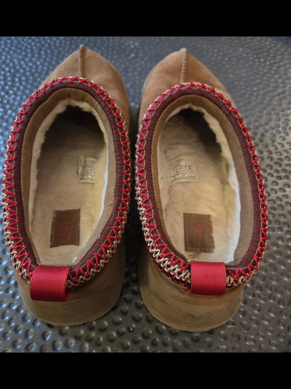 UGG Chestnut Suede Slip-On Moccasin with Red & Cream Trim